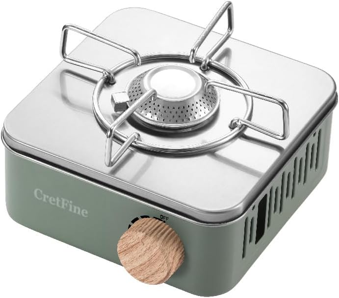 CretFine Mini Butane Camping Stove with Portable Bag, Indoor and Outdoor Cooking, for Emergency and Camp Essentials, 8205 BTU, 2hr Usage per Canister, Gas Not Included, Olive - Image 1
